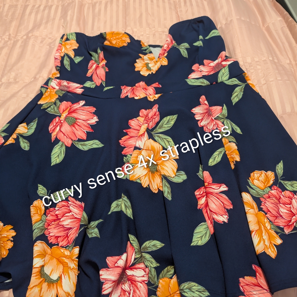 Curvy Sense Strapless Floral Dress - Navy and Orange